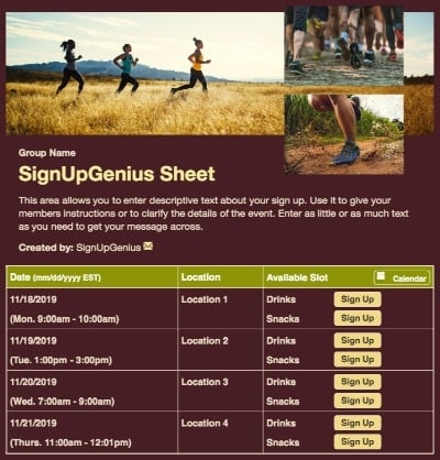 Trail Run sign up sheet