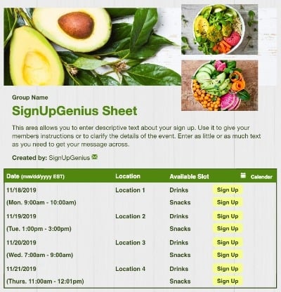 Vegan Meal sign up sheet
