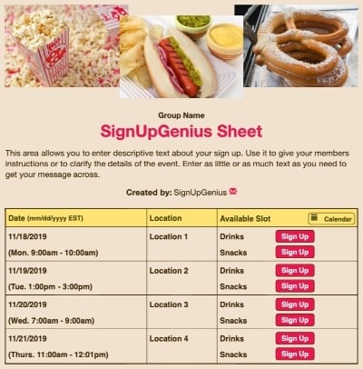 concessions fundraising snacks popcorn hotdogs pretzels beige sign up form