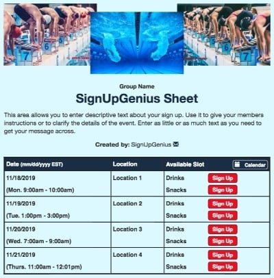 swimming pool aquatics dives diving blue sign up form