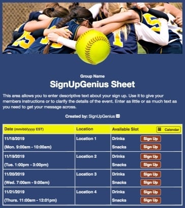 softball teams games tournaments blue sign up form