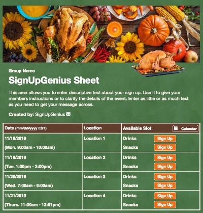 thanksgiving potluck fall turkey pumpkins green sign up form