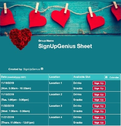 valentines hearts love party blue sign up form