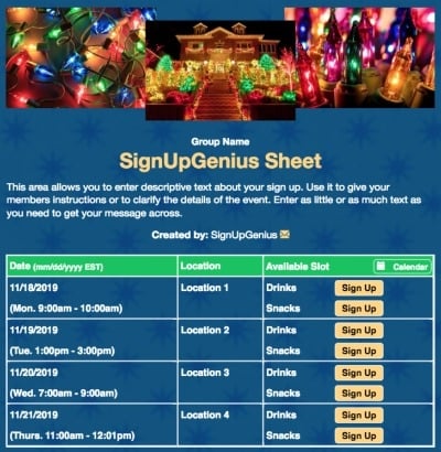 Christmas lights decorating caroling blue sign up form