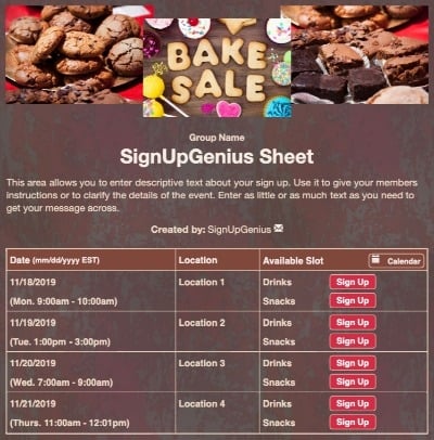 baked sale food fundraiser cookies brownies treats cupcakes brown sign up form