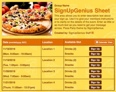 pizzas slices meals dinners birthday party parties yellow teams sign up form