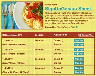 spaghetti dinners pastas italian yellow meals potlucks sign up form