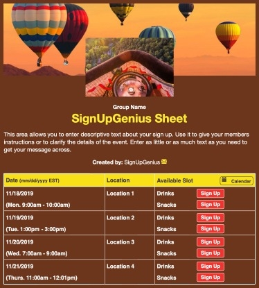 Hot Air Rides sign up sheet