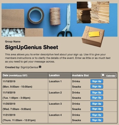 Mail & Packaging sign up sheet
