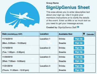 Airplane sign up sheet