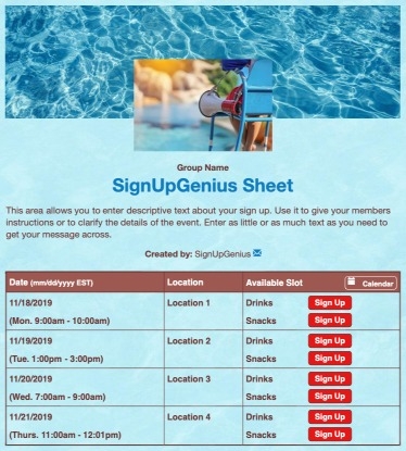 Lifeguard Shifts sign up sheet
