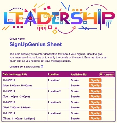 Leadership sign up sheet