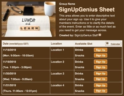 Lunch and Learn sign up sheet