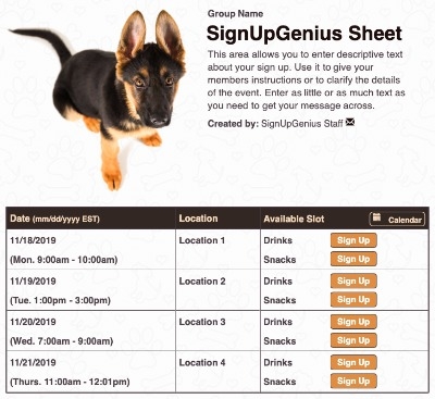 Cute Dog sign up sheet