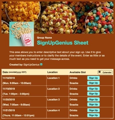 Colorful Popcorn sign up sheet
