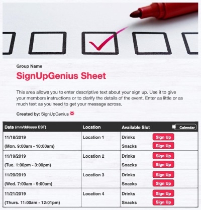 Checklist sign up sheet