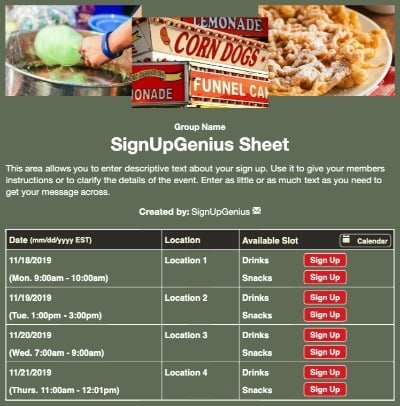Carnival Food sign up sheet