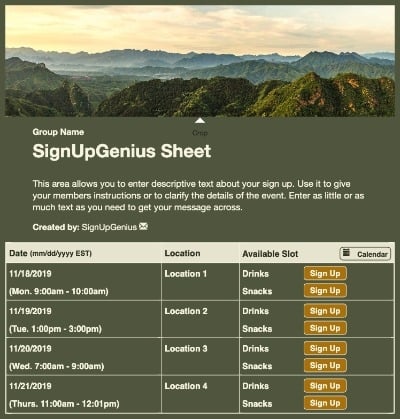 Mountain Range sign up sheet