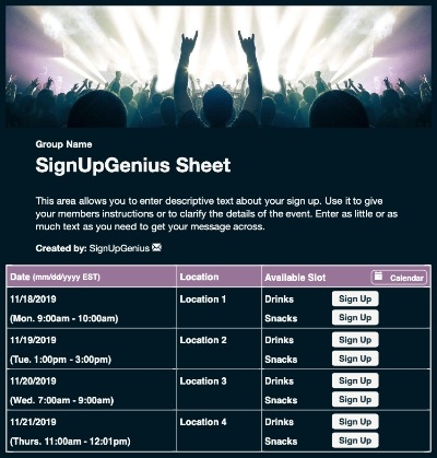 Rock Concert sign up sheet