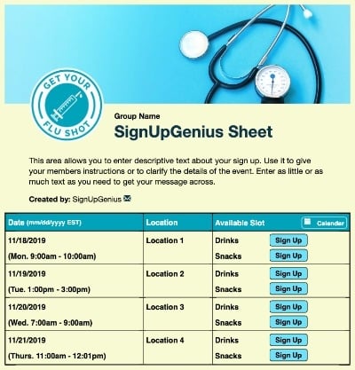 Flu Shot Appointment sign up sheet