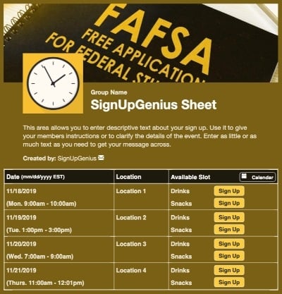 fasfa application college financial aid advising sign up form