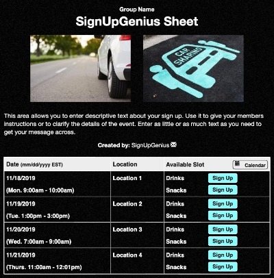 Carpool Rideshare sign up sheet