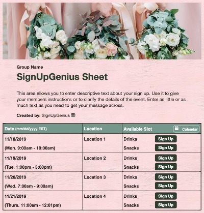 Bridal Bouquets sign up sheet