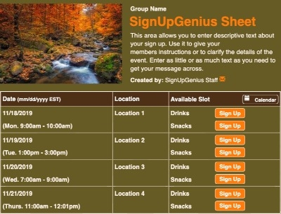 Fall Forest sign up sheet