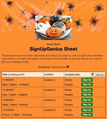 Halloween Party Time 2 sign up sheet