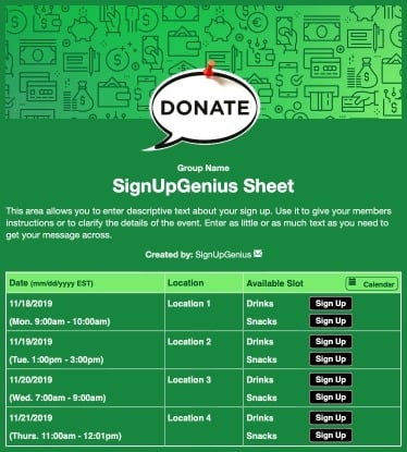 Donate Now sign up sheet