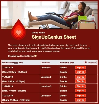 Blood Donation sign up sheet