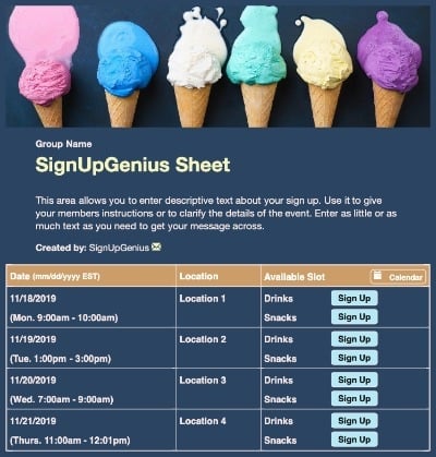Ice Cream Cones sign up sheet