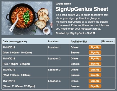 Chickpea Chili sign up sheet