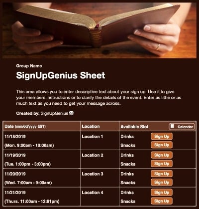 Bible Class sign up sheet