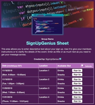 Coding sign up sheet