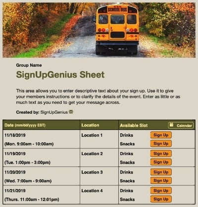 school bus field trip class sign up form