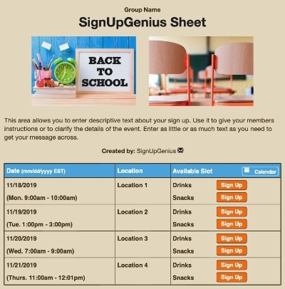 Back to School Classroom sign up sheet