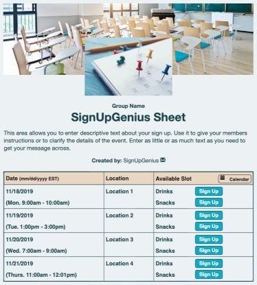 Classroom Schedule sign up sheet