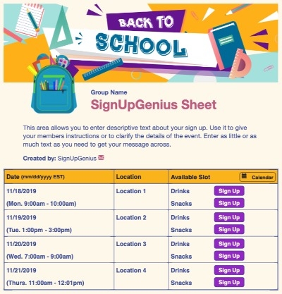 Back to School Fun 2 sign up sheet