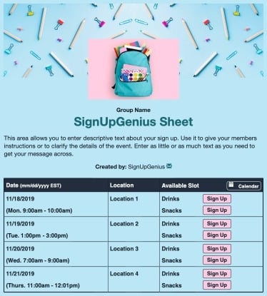 Back to School Ready sign up sheet