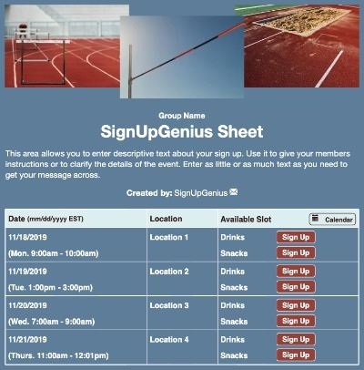 Track & Field 2 sign up sheet