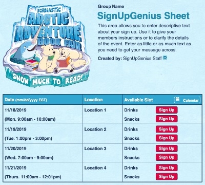 Scholastic Arctic Adventure sign up sheet