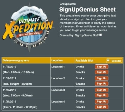 Scholastic Ultimate Expedition sign up sheet