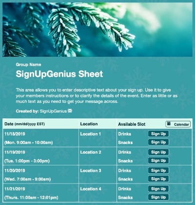Evergreen sign up sheet