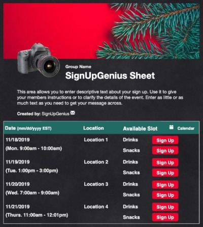 Holiday Photo sign up sheet