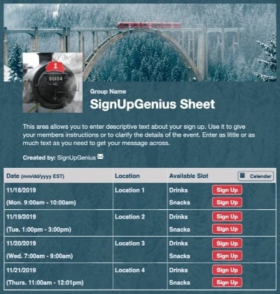 Winter Train sign up sheet