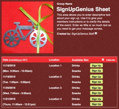 Bicycle Gift sign up sheet