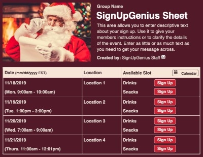 Santa's List sign up sheet