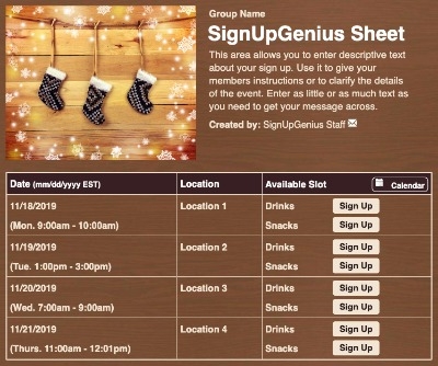 Holiday Stockings sign up sheet
