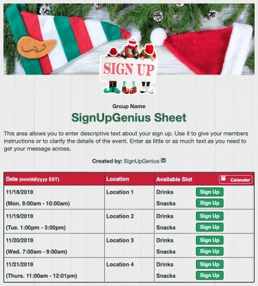 Elf Helpers sign up sheet